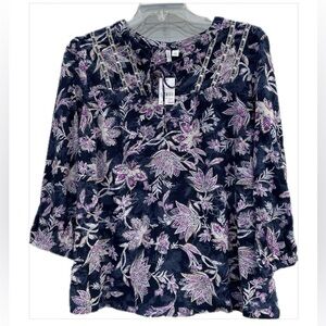 Cato Navy Floral Scoop Neck Blouse with Pink Accents